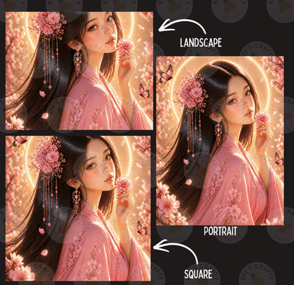A collage of three images featuring a young woman with long dark hair wearing a pink kimono and holding a flower. The images are labeled as "Landscape", "Portrait", and "Square".