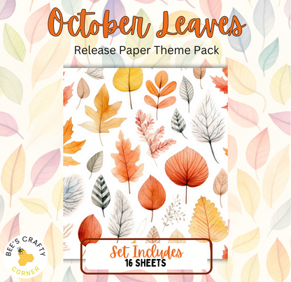 The image is a release paper theme pack for October leaves, featuring a variety of autumn leaves in different colors and sizes. The pack includes 16 sheets, providing a diverse collection of leaf designs for various purposes.