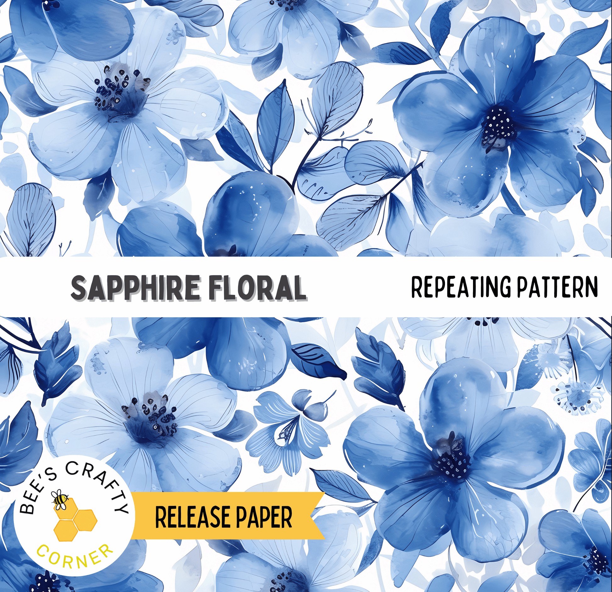 The image is a repeating pattern of blue flowers and leaves, with the text "Sapphire Floral" and "REPEATING PATTERN" visible.
