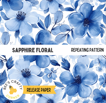The image is a repeating pattern of blue flowers and leaves, with the text "Sapphire Floral" and "REPEATING PATTERN" visible.