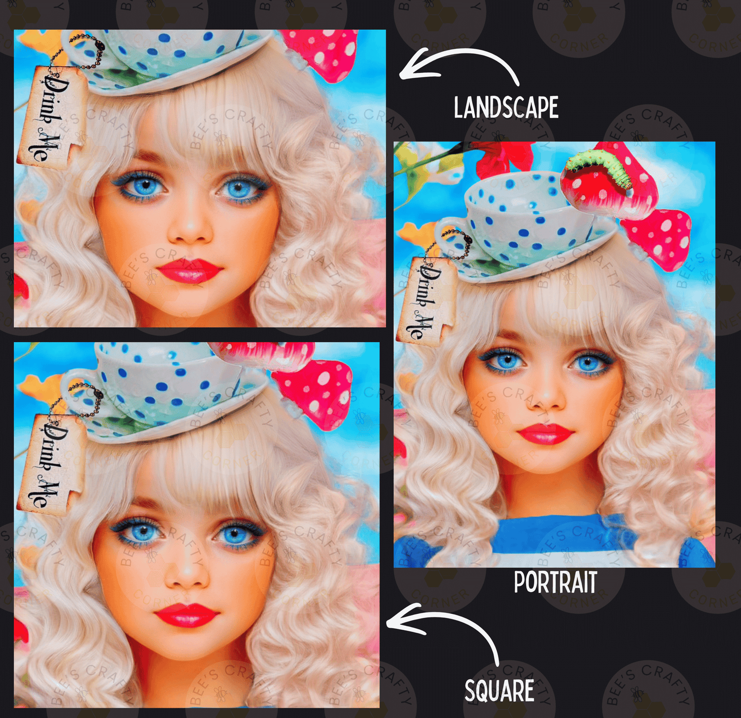 The image is a collage of three images depicting a young woman with blonde hair and blue eyes. The first image shows the woman with a hat and a tag that reads "Drink Me". The second image shows the woman with a hat and a tag that reads "Landscape". The third image shows the woman with a hat and a tag that reads "Portrait".