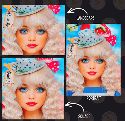 The image is a collage of three images depicting a young woman with blonde hair and blue eyes. The first image shows the woman with a hat and a tag that reads "Drink Me". The second image shows the woman with a hat and a tag that reads "Landscape". The third image shows the woman with a hat and a tag that reads "Portrait".