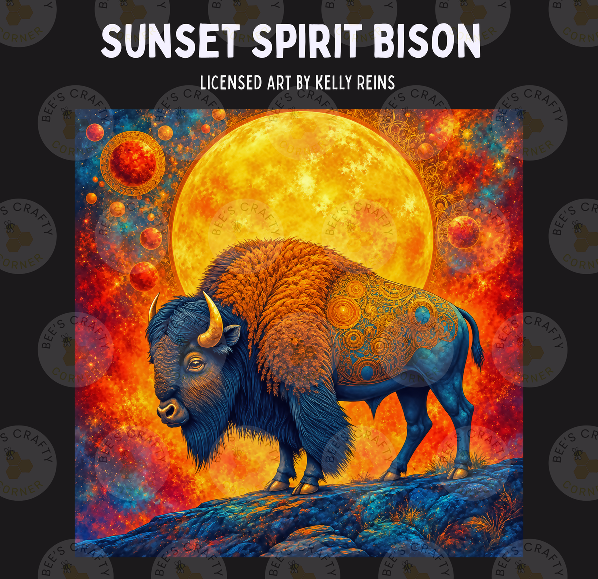 The image is a vibrant painting depicting a large buffalo standing on a rocky outcropping, with a large, glowing yellow sun in the background.