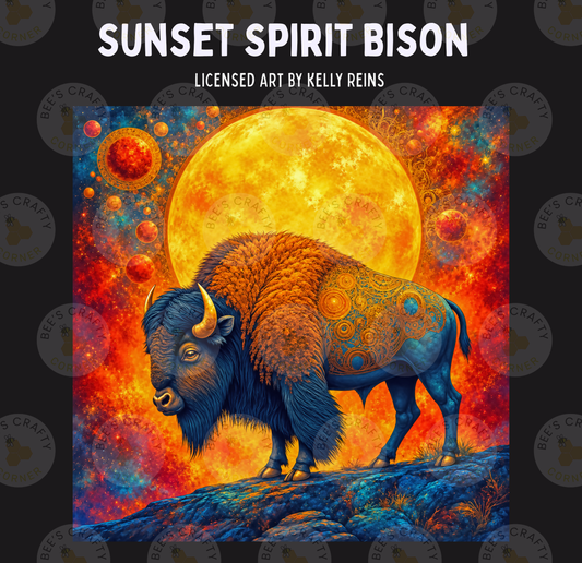 The image is a vibrant painting depicting a large buffalo standing on a rocky outcropping, with a large, glowing yellow sun in the background.