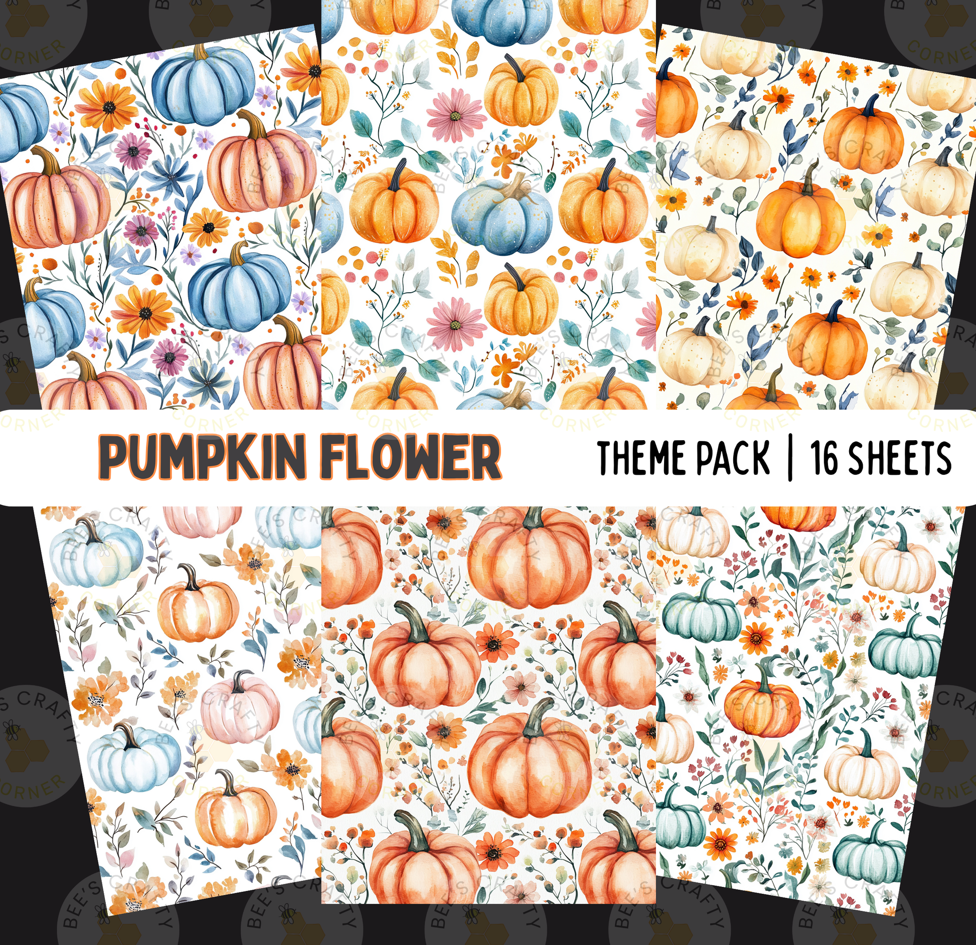 The image is a theme pack containing 16 sheets of a pumpkin flower pattern. The pattern features various shades of orange pumpkins, flowers, and leaves in a repeating design.