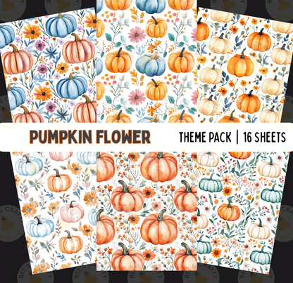 The image is a theme pack containing 16 sheets of a pumpkin flower pattern. The pattern features various shades of orange pumpkins, flowers, and leaves in a repeating design.