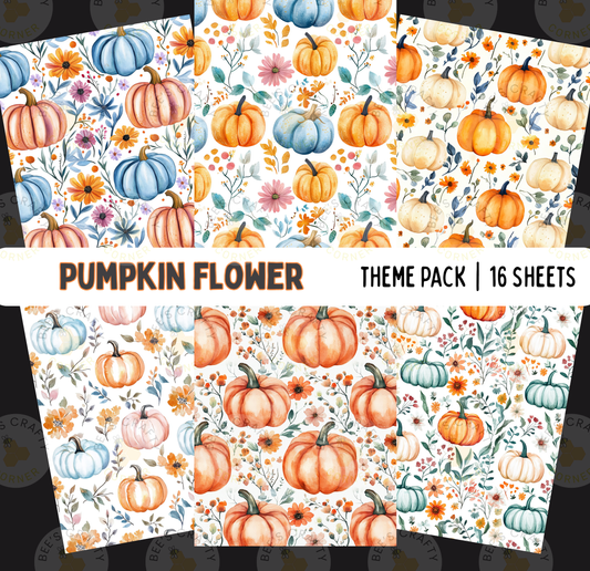 The image is a theme pack containing 16 sheets of a pumpkin flower pattern. The pattern features various shades of orange pumpkins, flowers, and leaves in a repeating design.