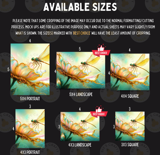 The image is a collage of six different images, each depicting a dragonfly in various sizes and arrangements. The dragonflies are shown in different settings, such as landscapes and portraits. The images are marked with "Best Choice" labels, indicating that the sizes shown are the least amount of cropping. The text in the image provides information about the available sizes and their corresponding labels.