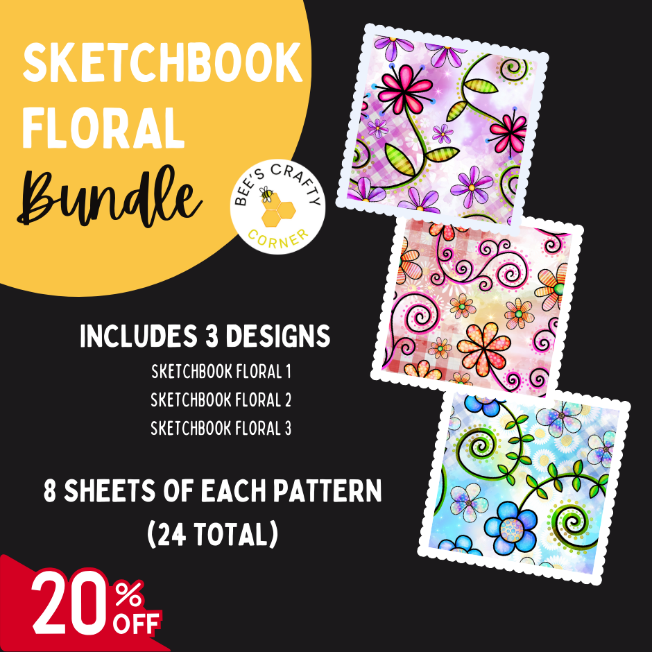 The image is an advertisement for a Sketchbook Floral Bundle, which includes three different floral designs. The bundle includes 8 sheets of each pattern, and there is a 20% discount.