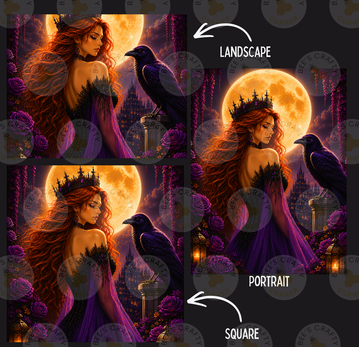 The image is a collage of three images depicting a woman with long red hair wearing a purple dress and a crown, standing in front of a large full moon and a black bird. The images are labeled as "Landscape" and "Portrait" and are described as square and portrait-style.