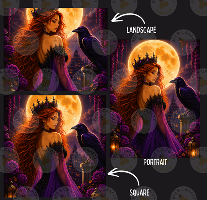 The image is a collage of three images depicting a woman with long red hair wearing a purple dress and a crown, standing in front of a large full moon and a black bird. The images are labeled as "Landscape" and "Portrait" and are described as square and portrait-style.