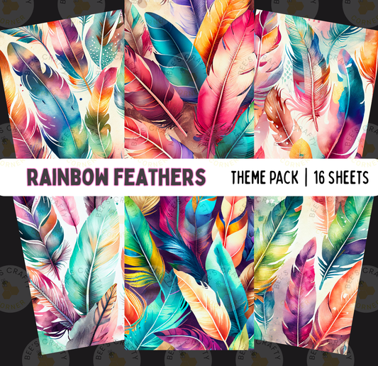 The image is a collage of 16 colorful feathers, each with unique patterns and hues, arranged in a visually striking manner.