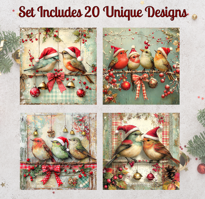 a set of four Christmas-themed pictures featuring birds wearing Santa hats, surrounded by various holiday decorations such as ornaments, ribbons, and tinsel.