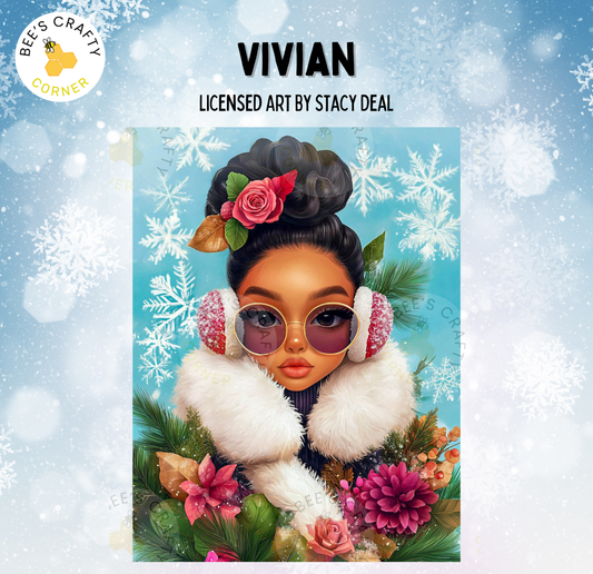 The image is a digital illustration featuring a woman with a floral headpiece and sunglasses, surrounded by snowflakes and flowers.