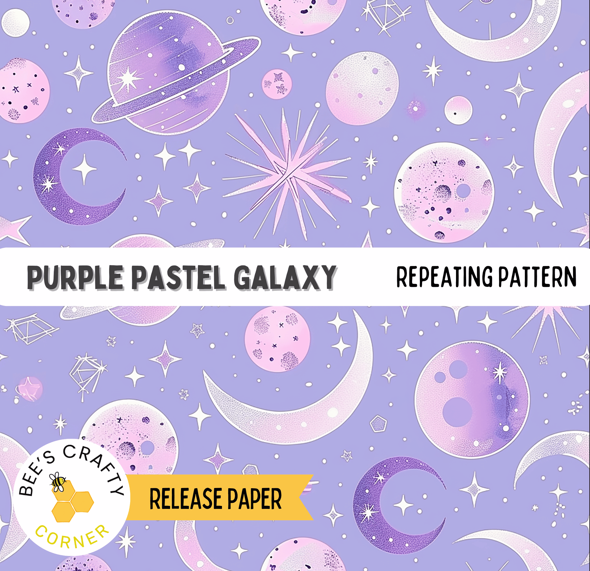 The image is a repeating pattern of purple pastel planets and stars against a purple background.