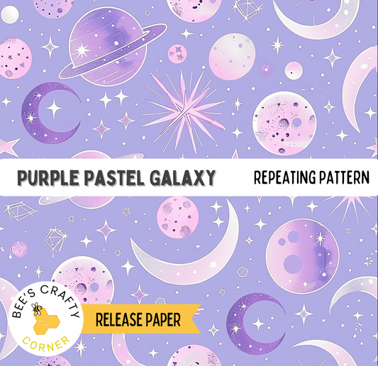 The image is a repeating pattern of purple pastel planets and stars against a purple background.