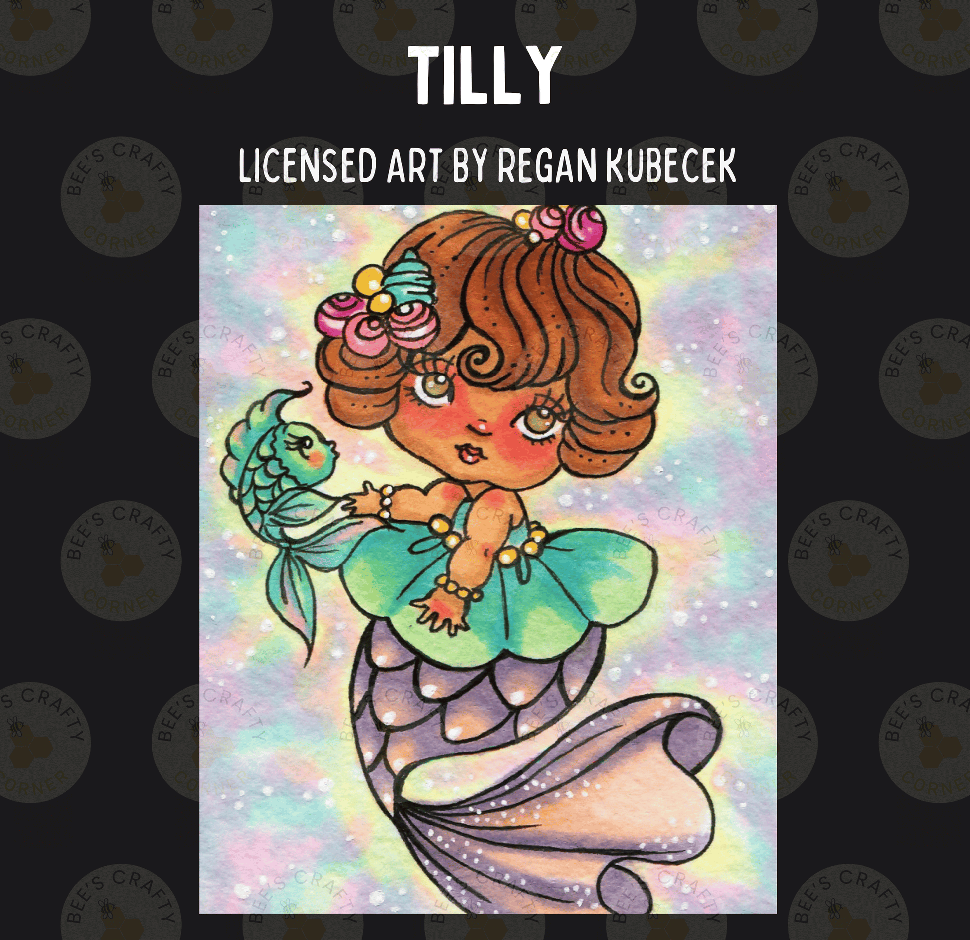 The image is a colorful illustration of a mermaid character with a fish companion.
