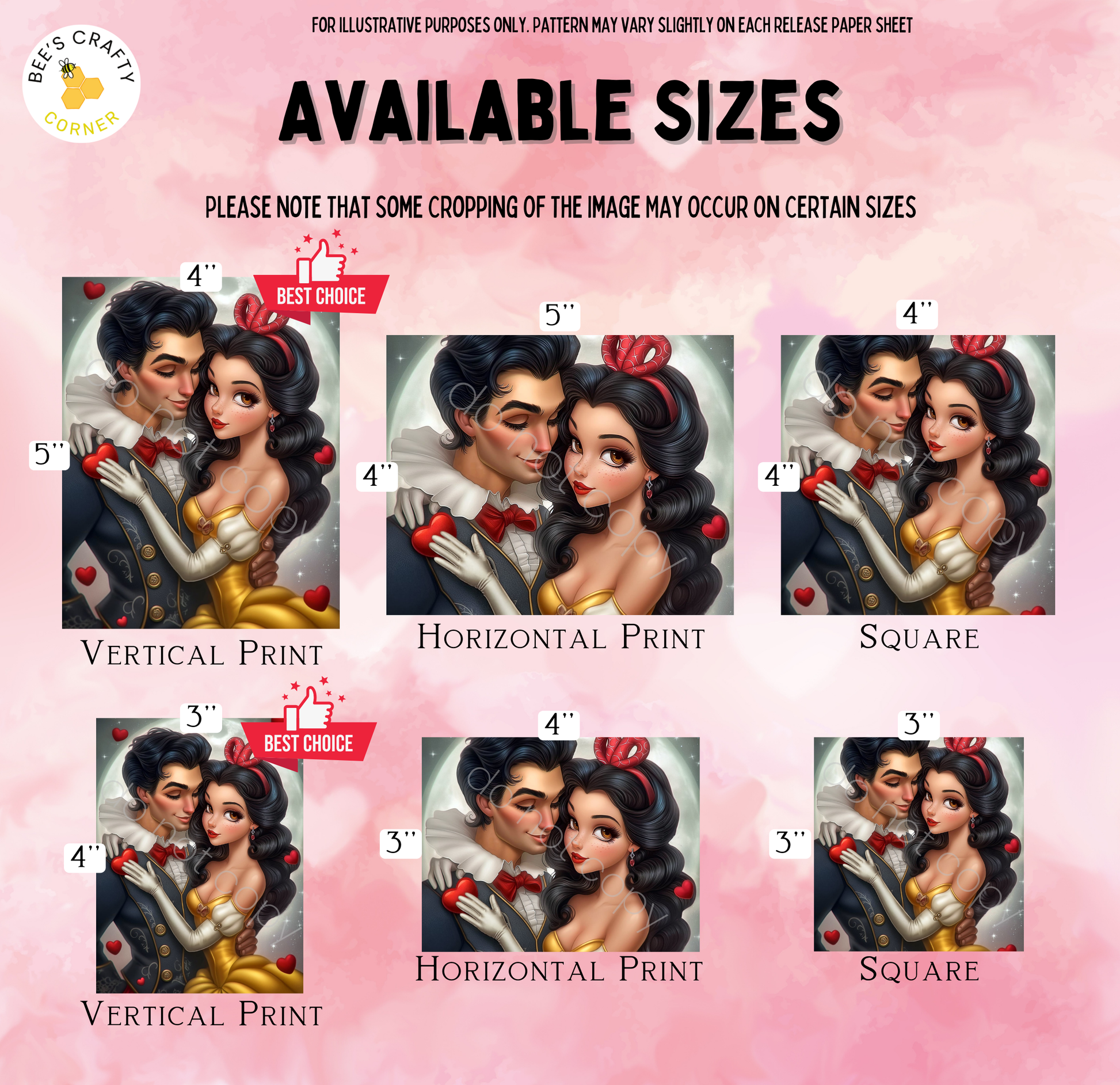 The image is a collection of six different illustrations of a couple, each depicting a different size of the couple. The illustrations are arranged in a grid format, with three images in each row and two images in each column. The illustrations are labeled with their respective sizes, and the text indicates that some cropping may occur on certain sizes.
