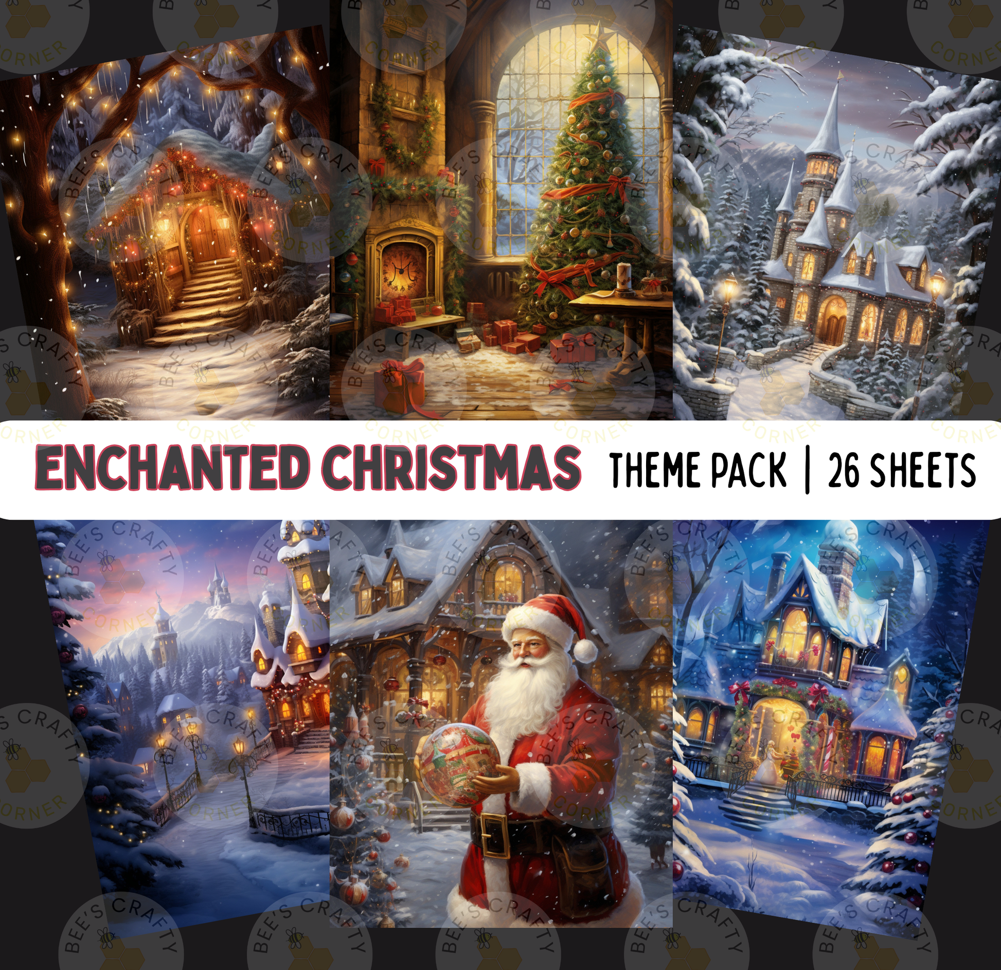 The image is a theme pack of Christmas-themed illustrations, containing a total of 26 sheets. The illustrations depict various winter scenes, including a snowy village, a Christmas tree, and a Santa Claus figure. The overall theme is enchanting and festive, capturing the spirit of the holiday season.