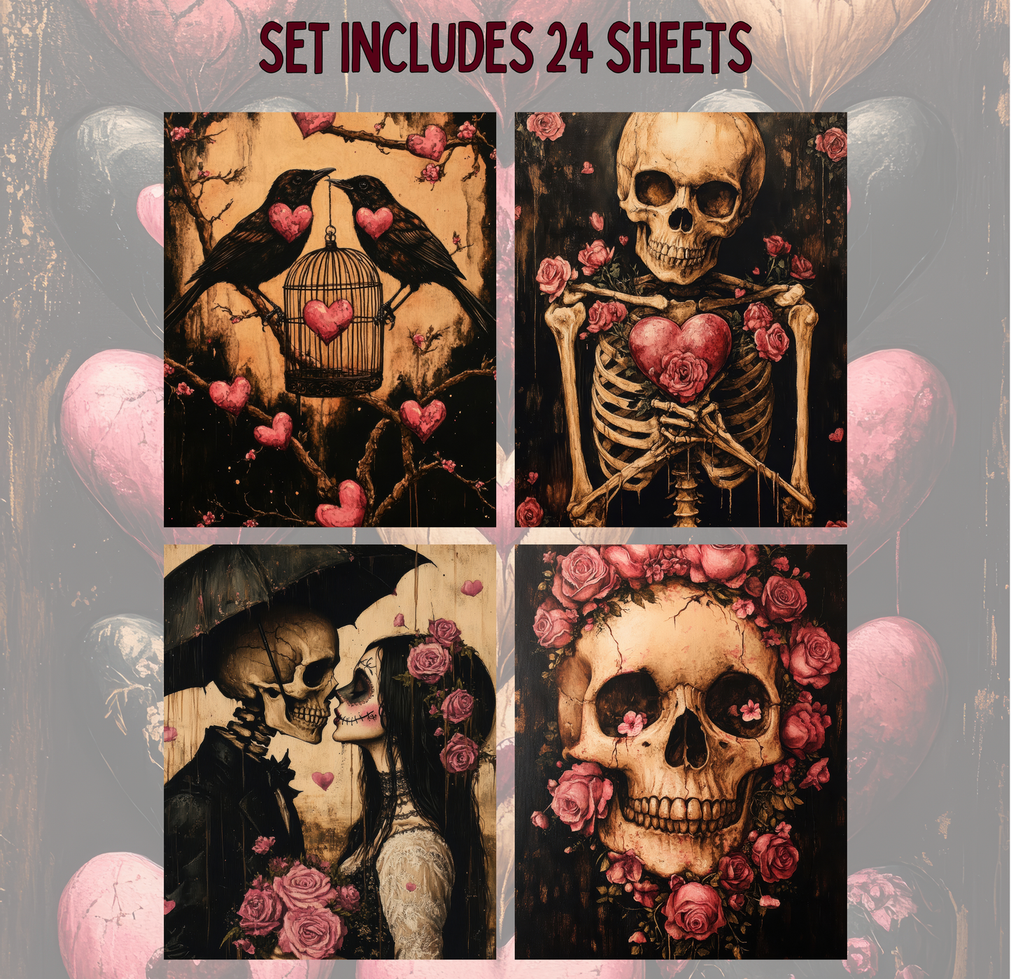 four distinct artworks, each with a unique design and theme. The artworks include a skeleton with a heart, a bird in a cage, a skeleton with a heart, and a skull with a heart. The artworks are arranged in a grid format, with each piece placed next to its corresponding number. The artworks are set against a dark background, which contrasts with the vibrant colors and intricate details of the designs.