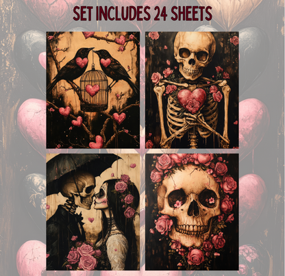 four distinct artworks, each with a unique design and theme. The artworks include a skeleton with a heart, a bird in a cage, a skeleton with a heart, and a skull with a heart. The artworks are arranged in a grid format, with each piece placed next to its corresponding number. The artworks are set against a dark background, which contrasts with the vibrant colors and intricate details of the designs.