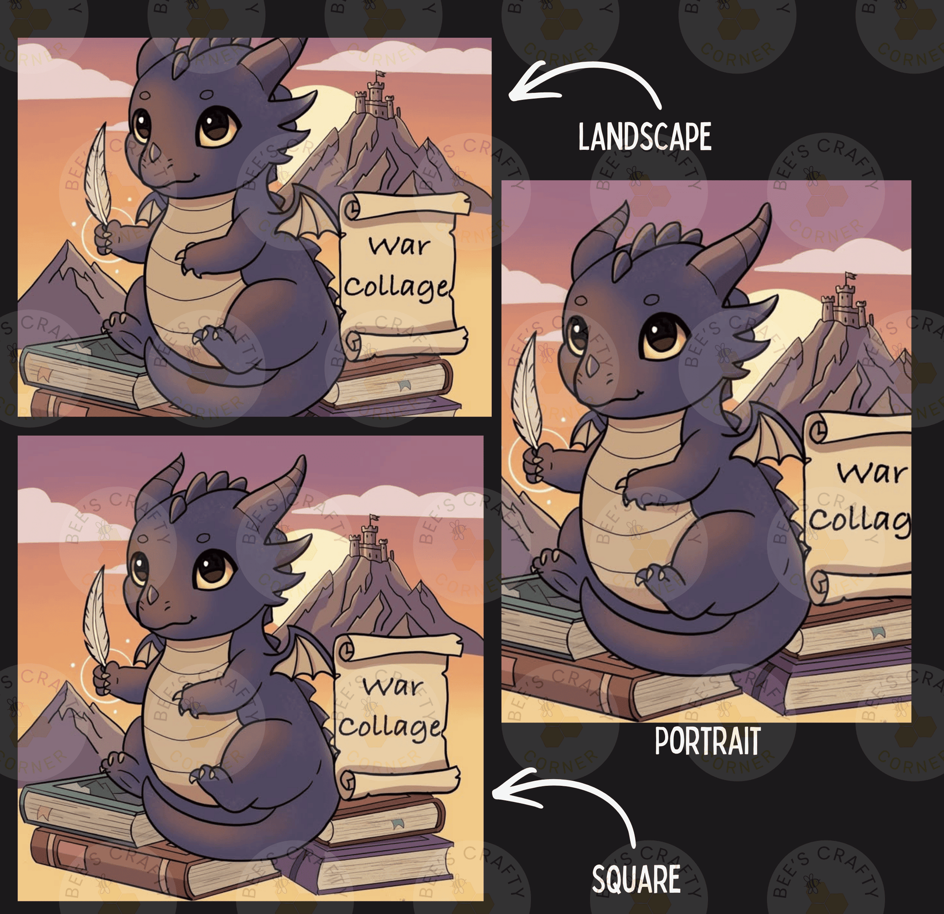 The image is a collage of three images depicting a dragon holding a scroll labeled "War Collage" and a book labeled "War Collage". The dragon is shown in different poses, such as sitting on books and holding a scroll. The collage is labeled "Landscape" and "Portrait" to indicate the different artistic styles used in the images.