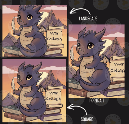 The image is a collage of three images depicting a dragon holding a scroll labeled "War Collage" and a book labeled "War Collage". The dragon is shown in different poses, such as sitting on books and holding a scroll. The collage is labeled "Landscape" and "Portrait" to indicate the different artistic styles used in the images.