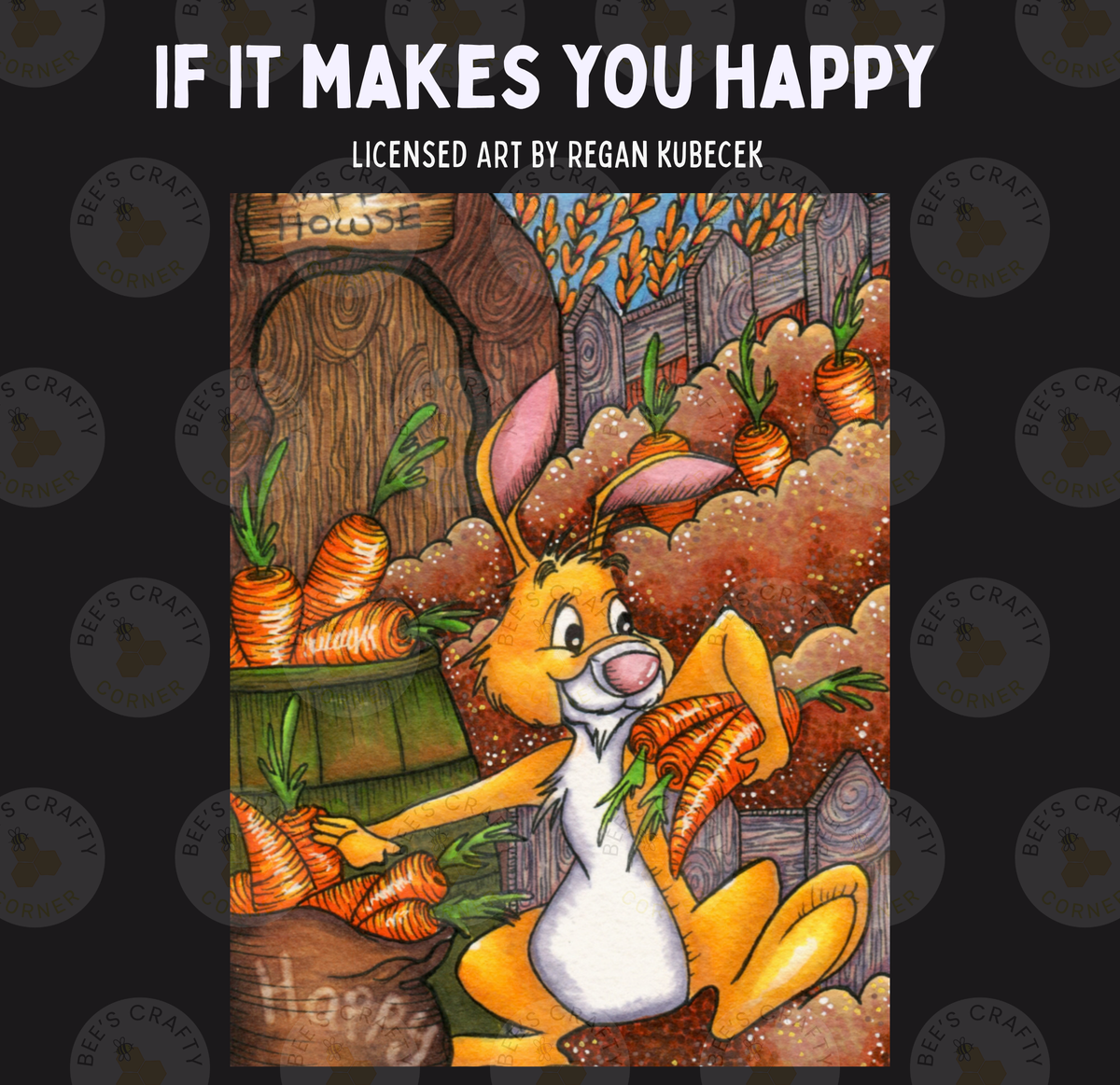 The image is a colorful illustration of a cartoon rabbit holding a bunch of carrots, surrounded by a whimsical garden scene.