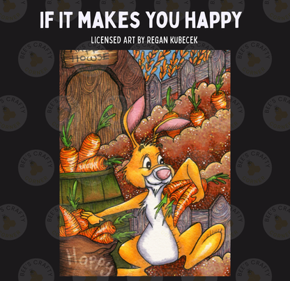The image is a colorful illustration of a cartoon rabbit holding a bunch of carrots, surrounded by a whimsical garden scene.