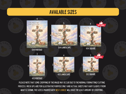 The image is a collection of five different sizes of a cross-shaped illustration, each depicting a different scene or landscape. The sizes range from 4x4 to 4x3, and the images are labeled with their respective sizes.
