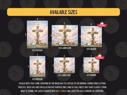 The image is a collection of five different sizes of a cross-shaped illustration, each depicting a different scene or landscape. The sizes range from 4x4 to 4x3, and the images are labeled with their respective sizes.