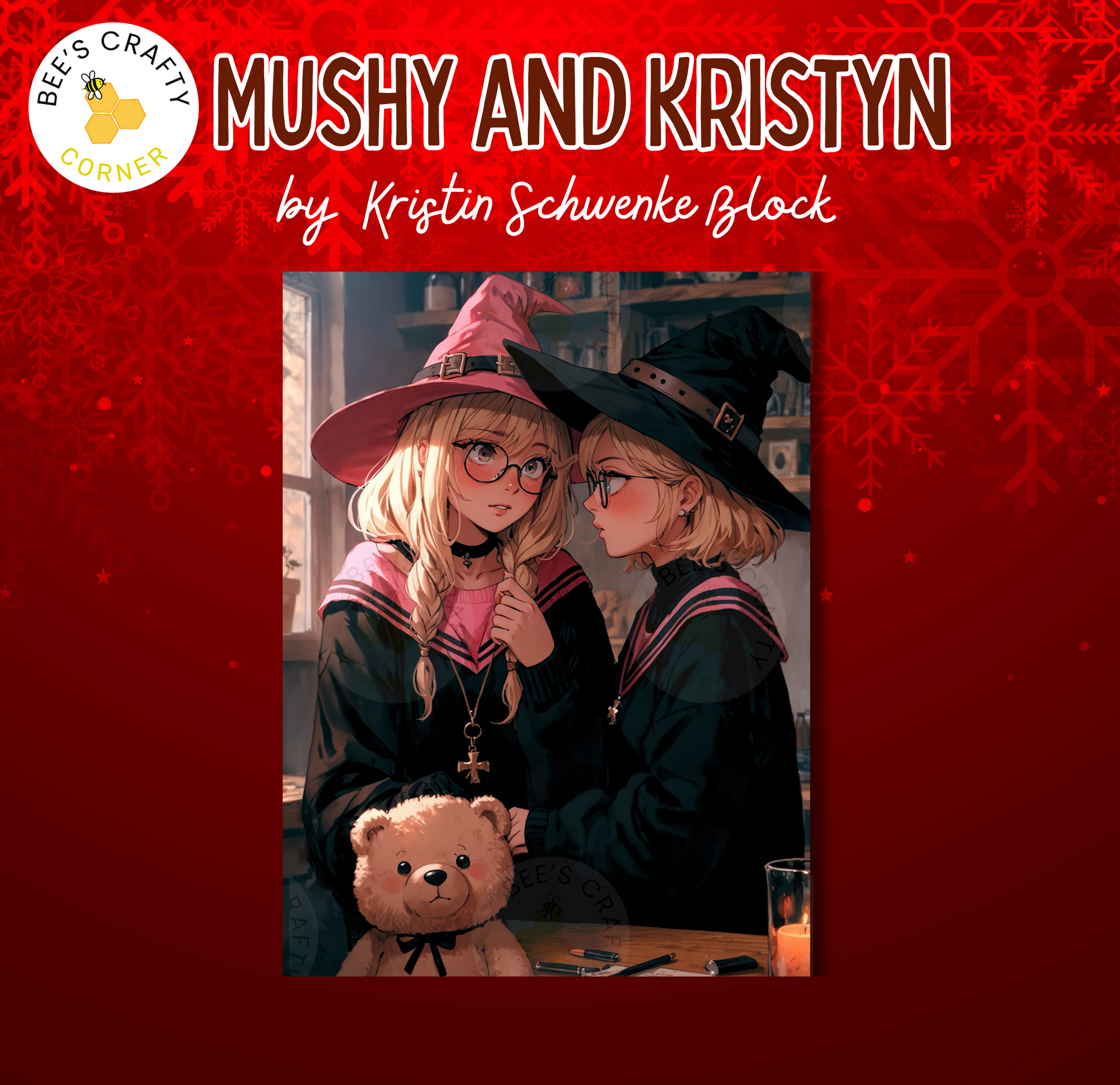 The image is a collage featuring two anime-style characters dressed as witches, with one character holding a teddy bear. The background is a red color with a snowflake pattern.