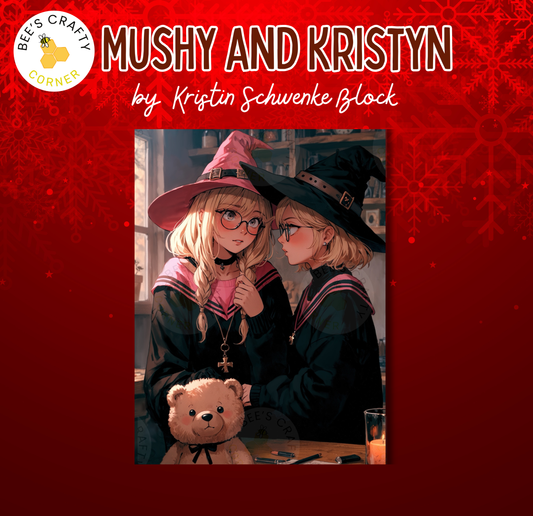 The image is a collage featuring two anime-style characters dressed as witches, with one character holding a teddy bear. The background is a red color with a snowflake pattern.
