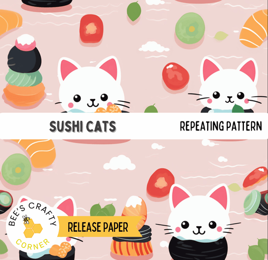 The image is a repeating pattern of cats and sushi, featuring various sushi items such as sushi rolls, sashimi, and other sushi-related elements.
