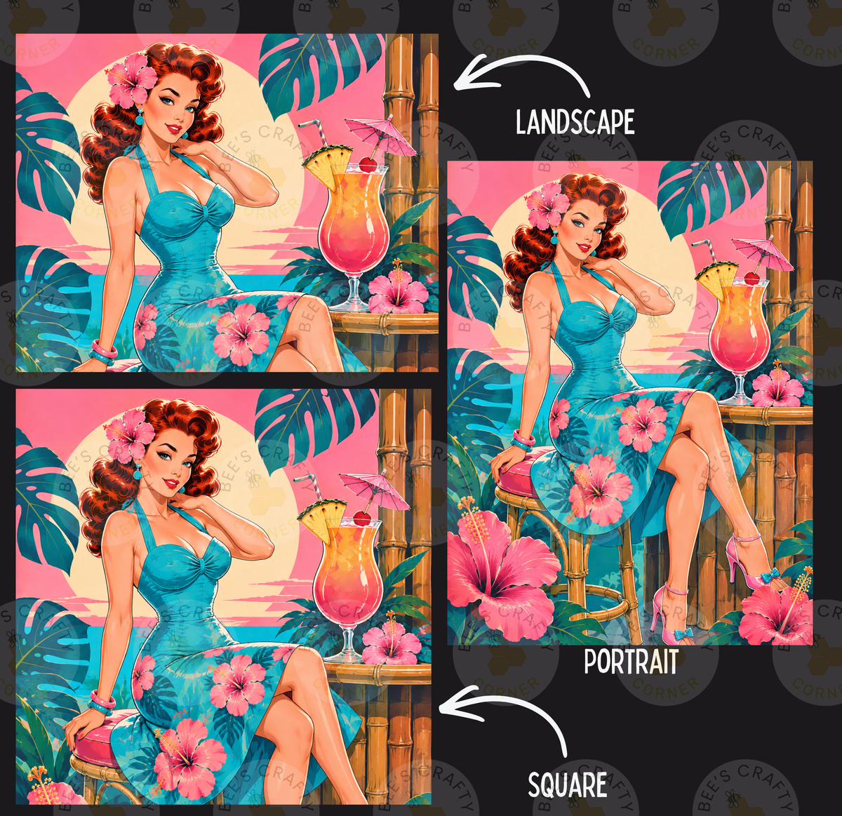 The image is a collage of three pictures featuring a woman in a blue dress and hibiscus flowers, with tropical elements such as palm leaves, flowers, and drinks.