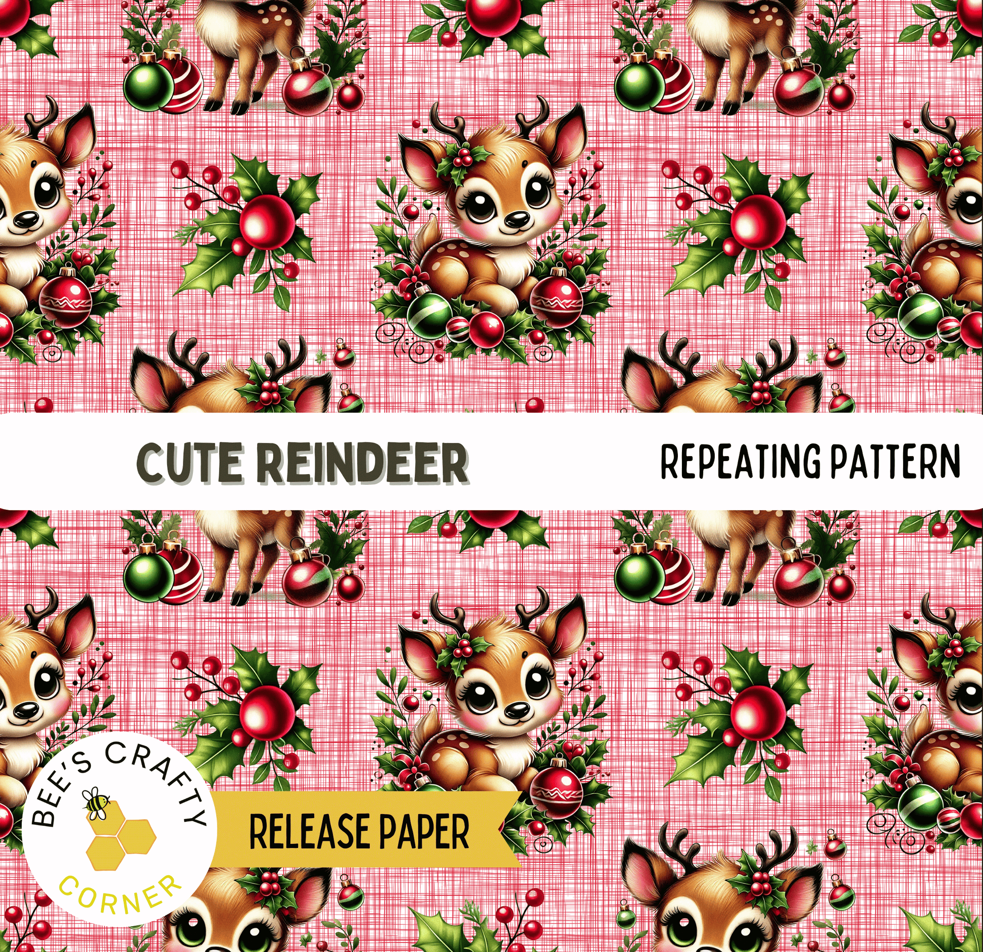 The image is a repeating pattern featuring a cute reindeer surrounded by Christmas decorations such as holly leaves, berries, and ornaments.