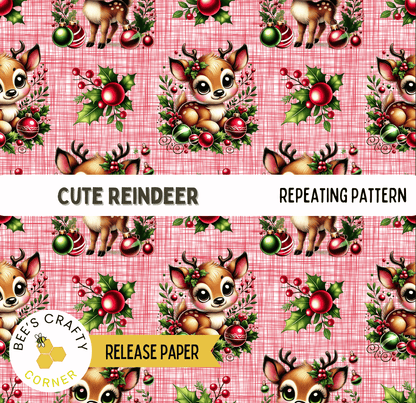 The image is a repeating pattern featuring a cute reindeer surrounded by Christmas decorations such as holly leaves, berries, and ornaments.