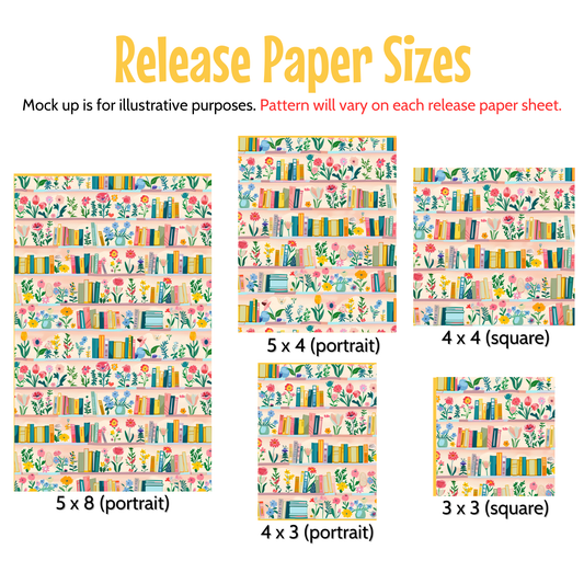 a collection of paper sizes, each featuring a different pattern of bookshelves and flowers. The sizes vary from 5 x 5 (portrait) to 4 x 4 (square), with some sizes also including 3 x 3 (portrait) and 3 x 3 (square). The pattern on each paper sheet will vary, making each release unique.