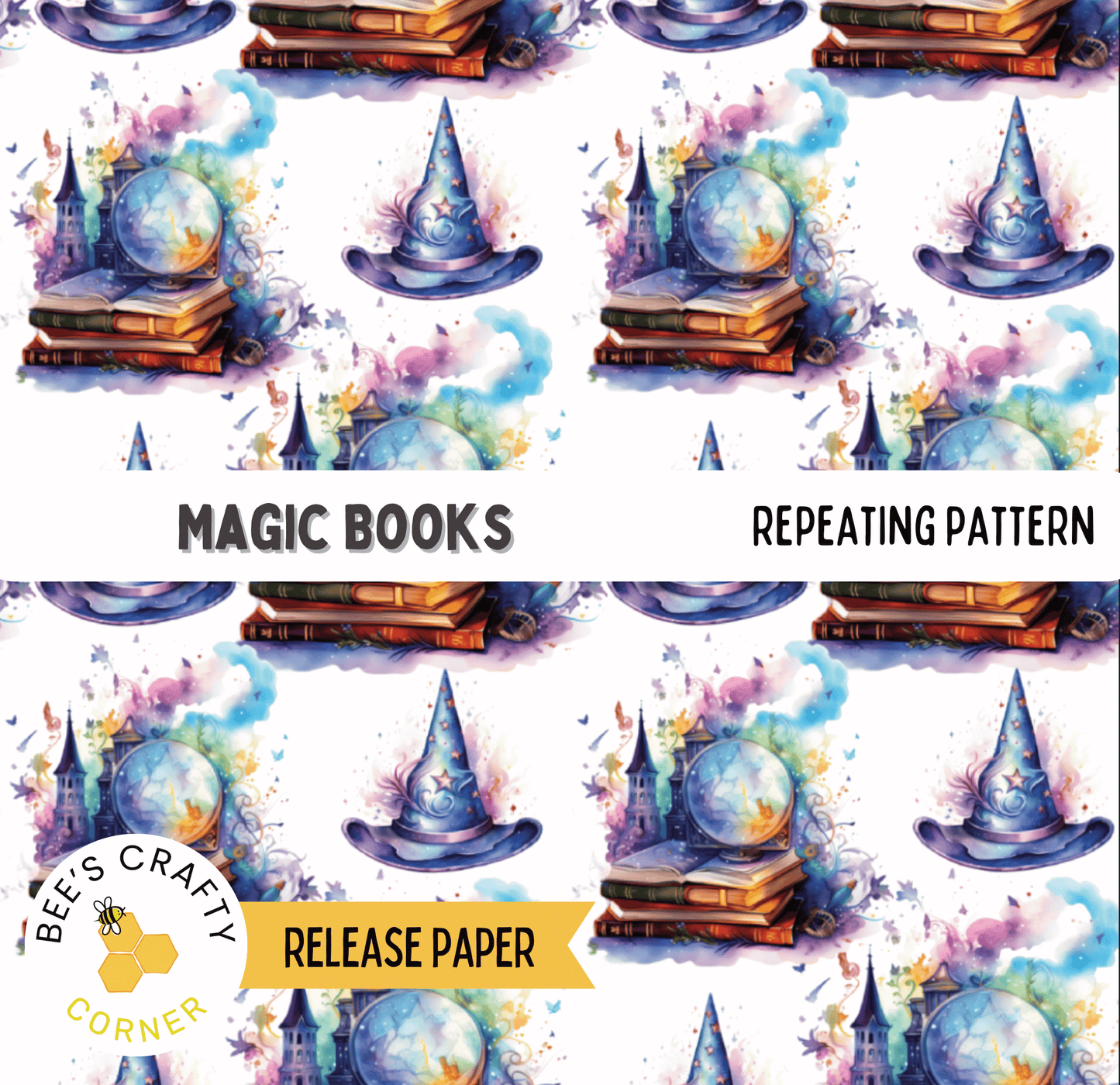 The image is a repeating pattern of various fantasy-themed objects, including books, wands, spells, and magical creatures, all set against a white background.
