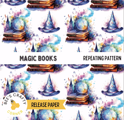 The image is a repeating pattern of various fantasy-themed objects, including books, wands, spells, and magical creatures, all set against a white background.