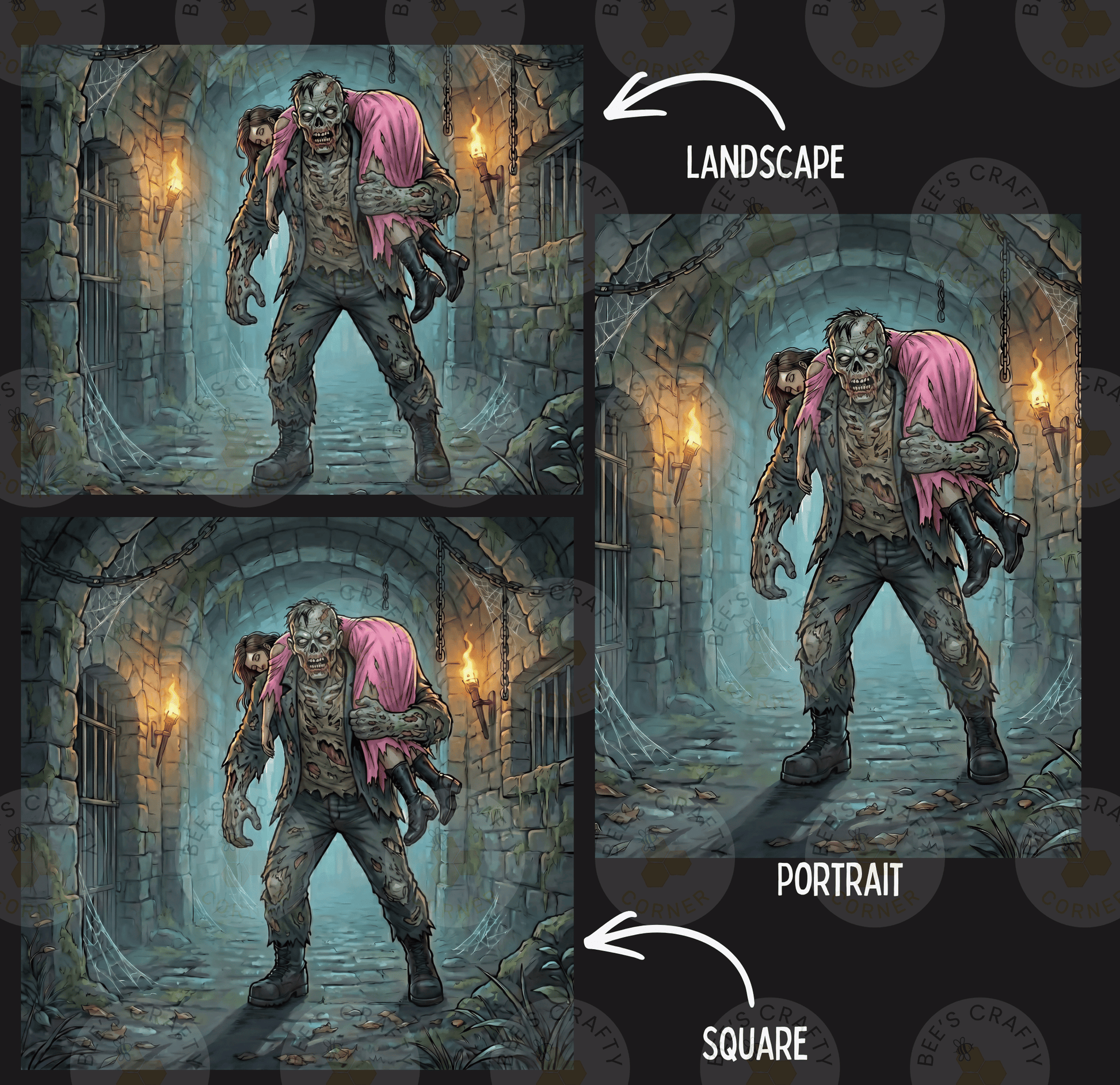 The image is a collage of three images depicting a zombie-like creature with a pink bag, standing in a dark, cave-like setting.