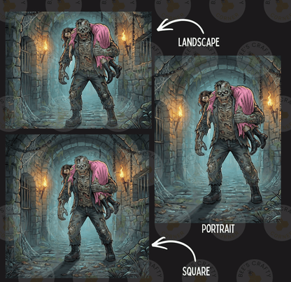 The image is a collage of three images depicting a zombie-like creature with a pink bag, standing in a dark, cave-like setting.