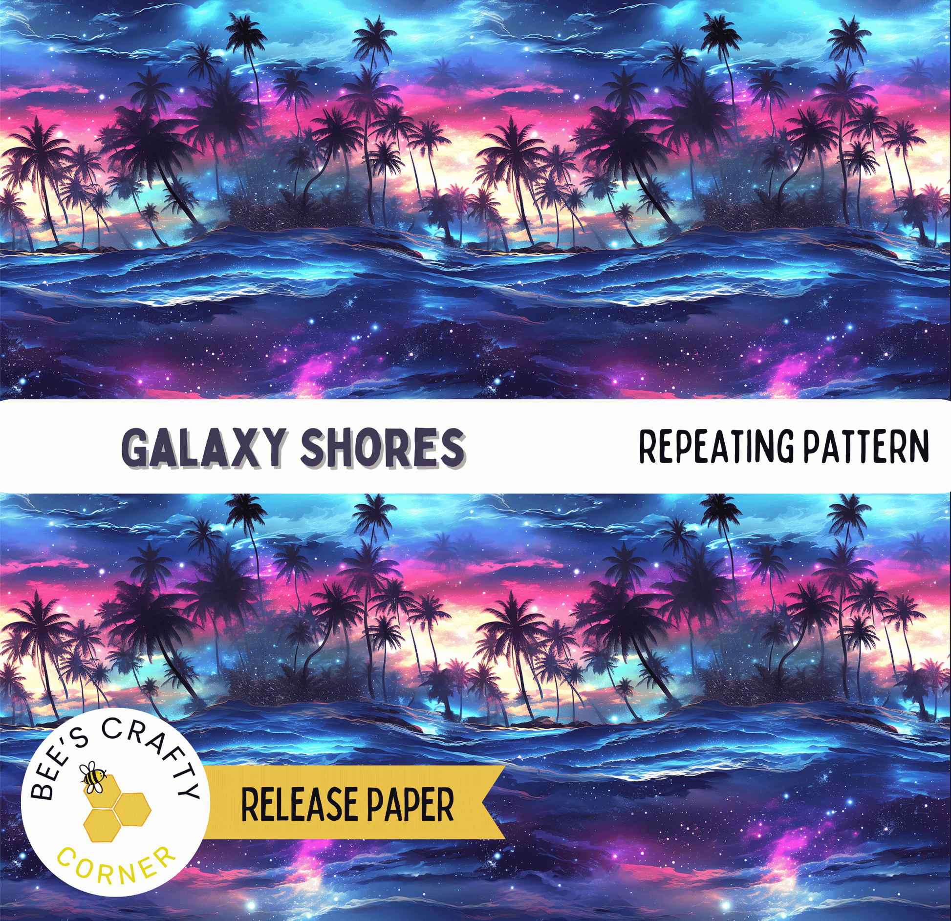 The image is a repeating pattern of a tropical beach scene with palm trees, a sunset, and a galaxy-like background.