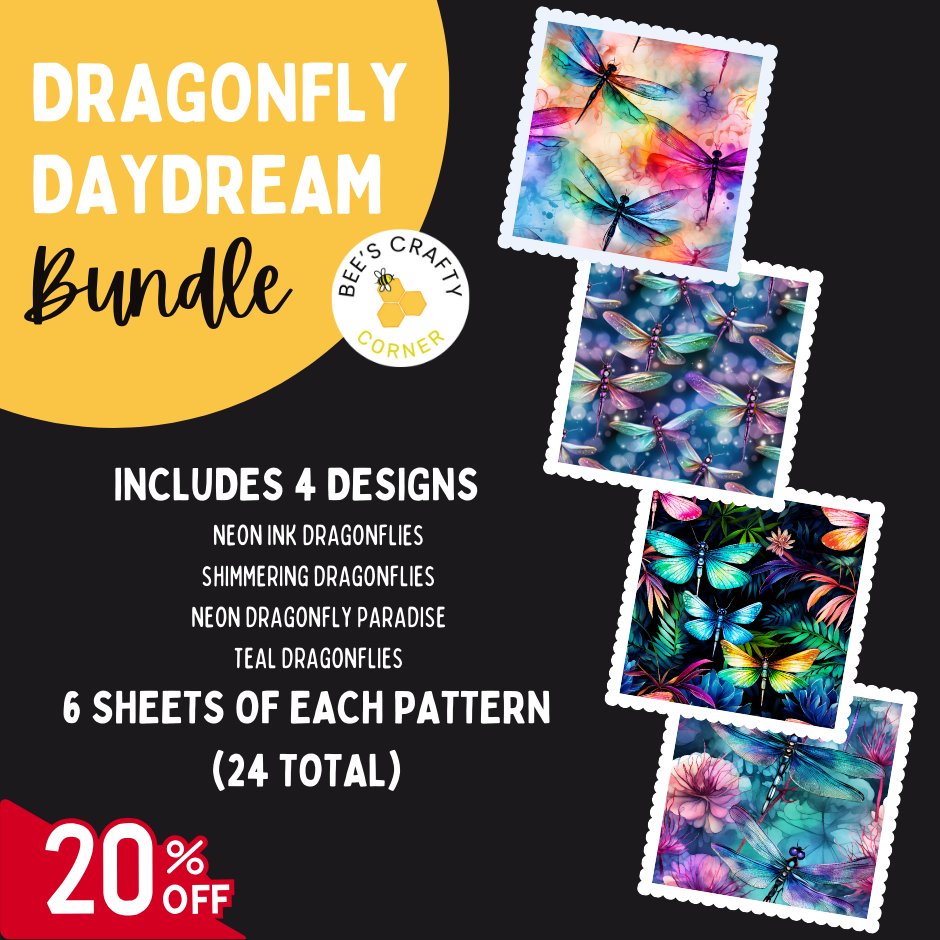 The image is an advertisement for a Dragonfly Daydream Bundle, which includes four designs of neon ink dragonflies, shimmering dragonflies, neon dragonfly Paradise, and teal dragonflies. The bundle also includes six sheets of each pattern, and there is a 20% discount.