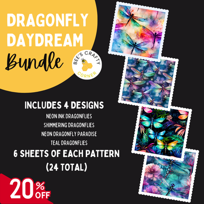 The image is an advertisement for a Dragonfly Daydream Bundle, which includes four designs of neon ink dragonflies, shimmering dragonflies, neon dragonfly Paradise, and teal dragonflies. The bundle also includes six sheets of each pattern, and there is a 20% discount.
