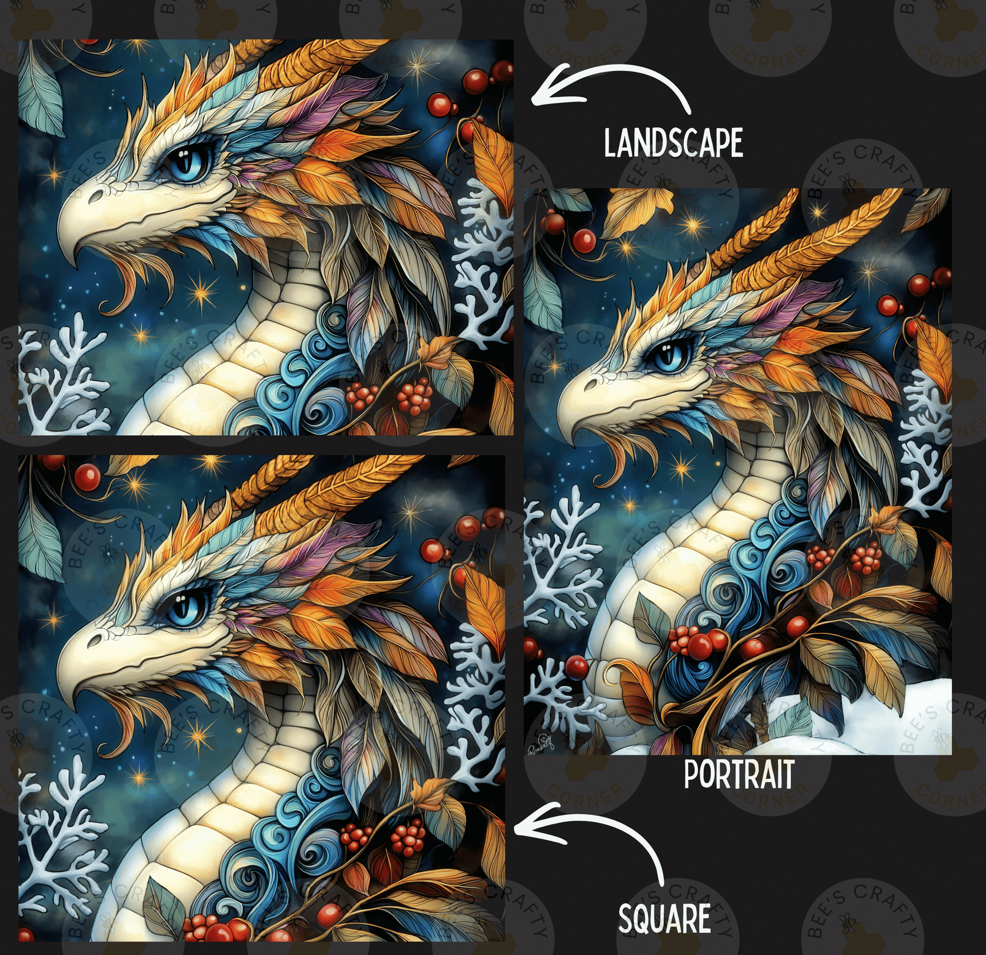 The image is a collage of four images depicting a colorful, detailed dragon portrait. The dragon is surrounded by various elements such as leaves, berries, and stars, creating a vibrant and fantastical scene.