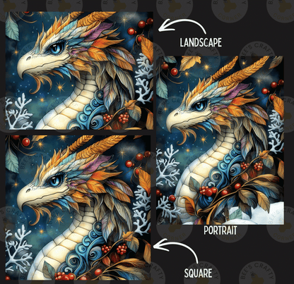 The image is a collage of four images depicting a colorful, detailed dragon portrait. The dragon is surrounded by various elements such as leaves, berries, and stars, creating a vibrant and fantastical scene.