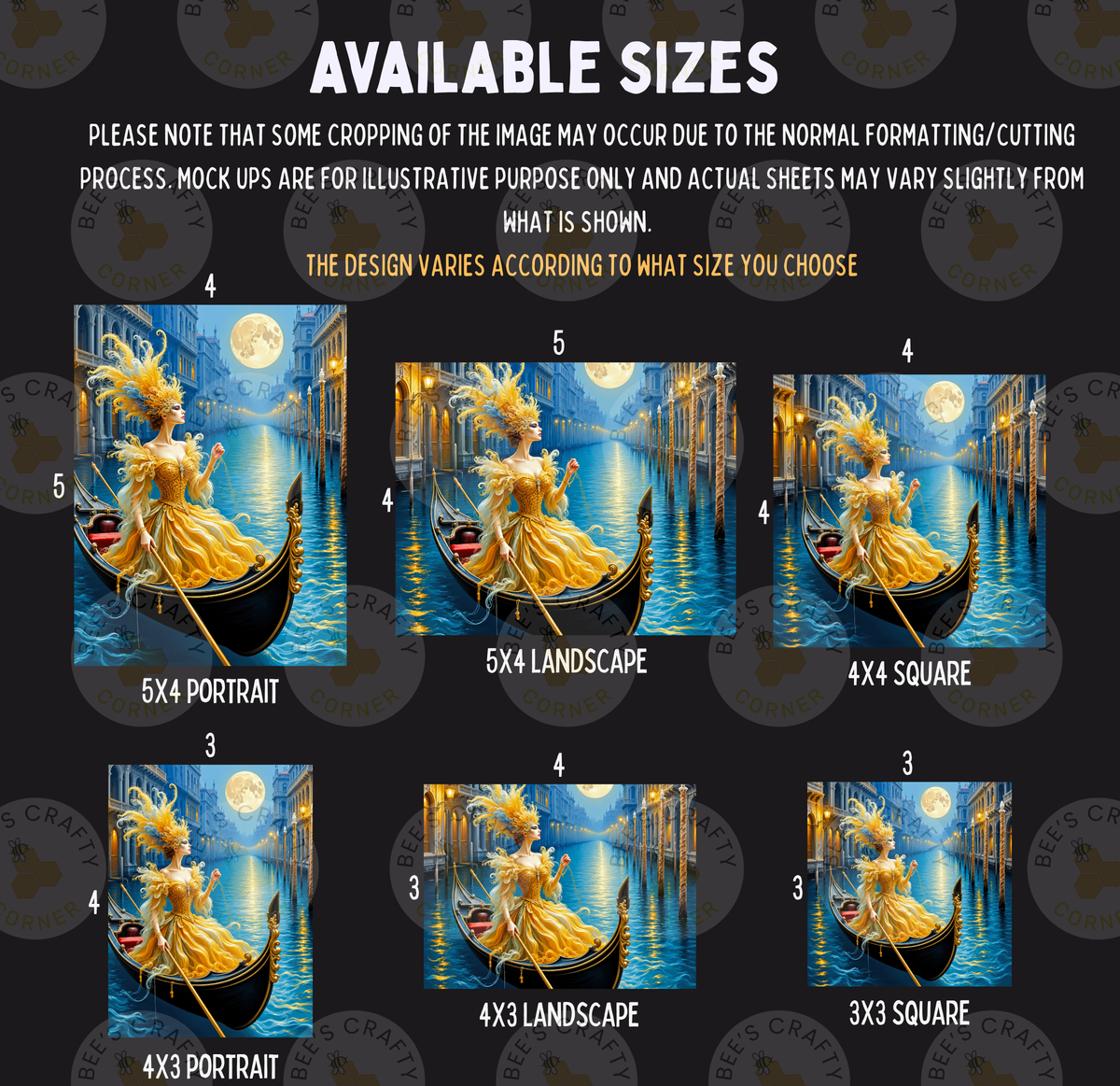 a collage of six different images, each depicting a woman in a gondola on a canal at night. The images vary in size, ranging from 5x4 to 5x3, and are arranged in a grid format. The woman in the gondola is wearing a golden dress and is holding a parasol. The background of each image is a night scene with a full moon and a canal. The collage is intended to showcase the different sizes and arrangements of the images, allowing viewers to choose the one that best suits their needs.