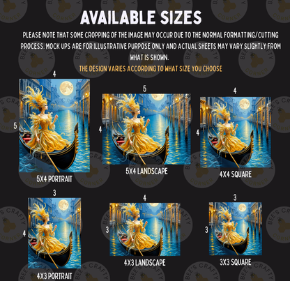 a collage of six different images, each depicting a woman in a gondola on a canal at night. The images vary in size, ranging from 5x4 to 5x3, and are arranged in a grid format. The woman in the gondola is wearing a golden dress and is holding a parasol. The background of each image is a night scene with a full moon and a canal. The collage is intended to showcase the different sizes and arrangements of the images, allowing viewers to choose the one that best suits their needs.