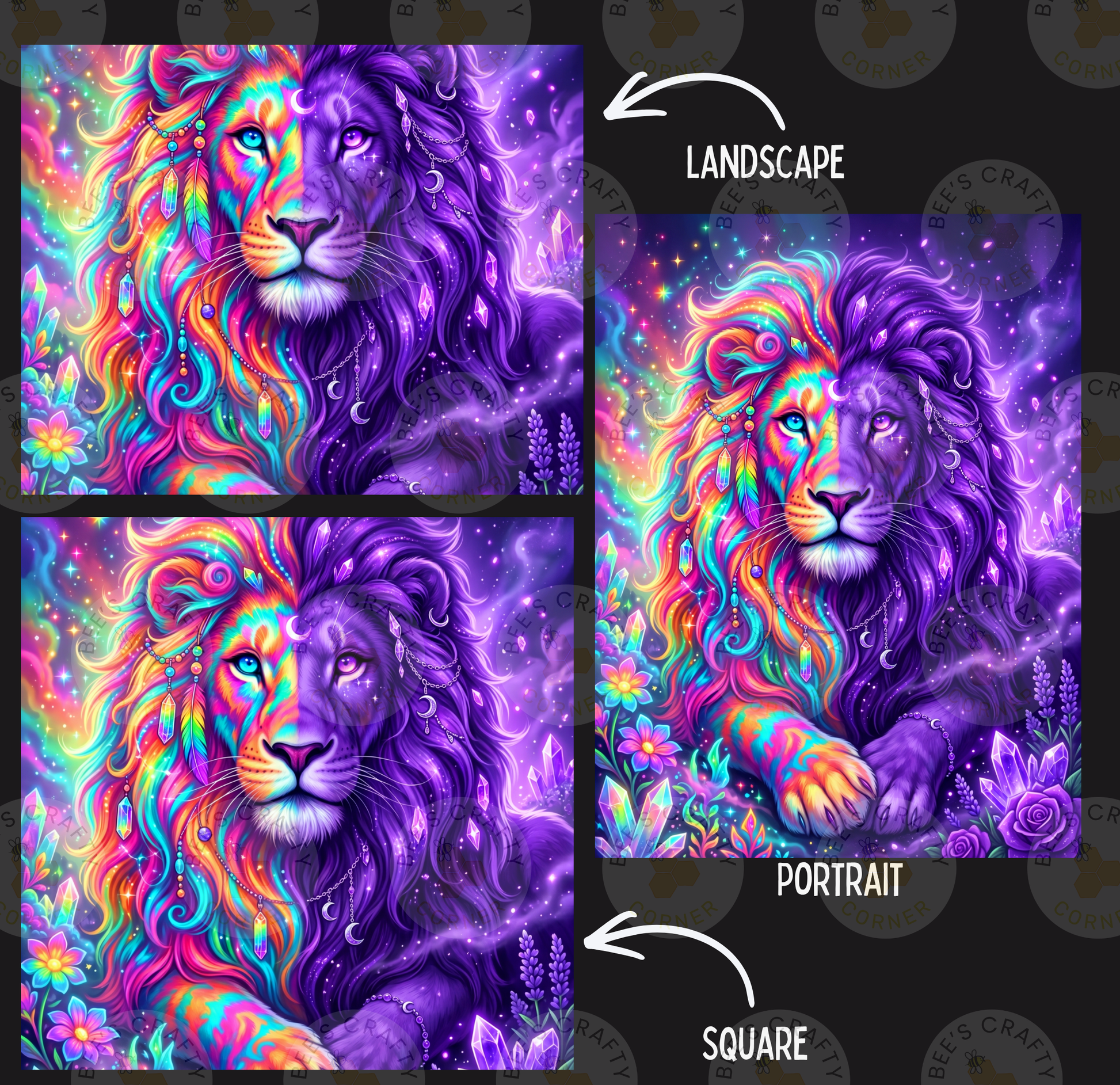The image is a collage of three pictures depicting a colorful, fantastical lion with a rainbow-colored mane and tail. The lion is surrounded by a vibrant, magical landscape with flowers, plants, and stars. The collage is labeled as a "Landscape" and a "Portrait" with a " SQUARE" caption, indicating that it is a square-shaped image.